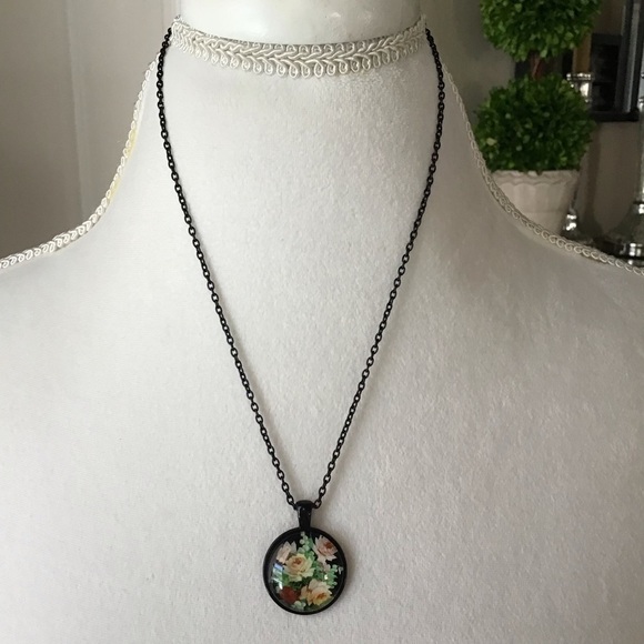 LAST 1! Black Floral Cabochon Pendant Necklace Romantic Cottagecore 18” Rose NEW - Picture 3 of 10